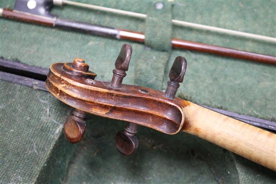 A 19th century violin, two piece back, cased with a later bow